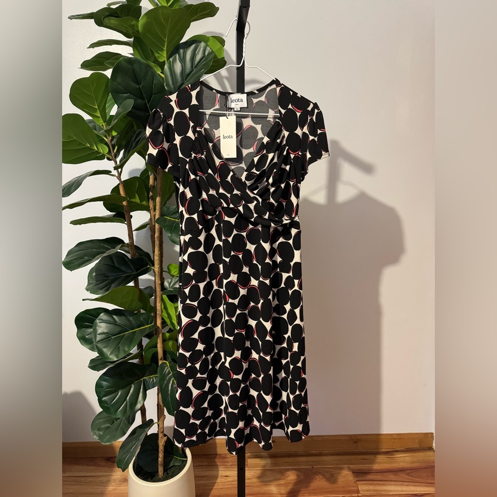 Leota Black White Polka Dot Midi Dress with Red Accents